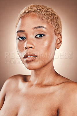 Buy stock photo Beauty, skincare and portrait of black woman with glowing skin in studio on brown background. Natural makeup, spa facial promotion and advertising luxury cosmetics on model face with golden shine.