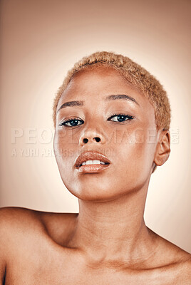 Buy stock photo Skincare, bronze and portrait of black woman in studio with luxury cosmetics promotion, glowing skin and beauty promo. Natural makeup, spa facial and aesthetic on face of model on brown background.