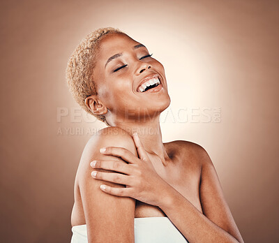 Buy stock photo Black woman, beauty and skincare smile in studio on a brown background for dermatology. Aesthetic model person happy about cosmetics, self care and body glow with clean and healthy skin results