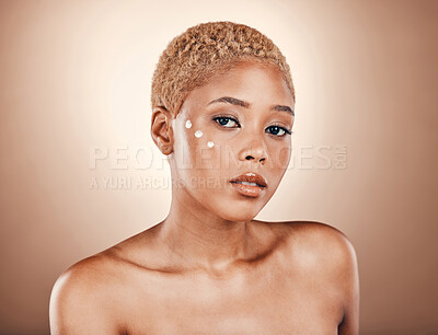 Buy stock photo Black woman, face and portrait for beauty cream on a brown background for dermatology cosmetics. Aesthetic model person in studio for skincare, self care and facial glow with clean and healthy skin