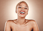 Makeup, portrait and black woman laughing with red lipstick  on a brown background for beauty. Aesthetic model person in studio for skincare, cosmetics and facial glow on skin for funny backdrop