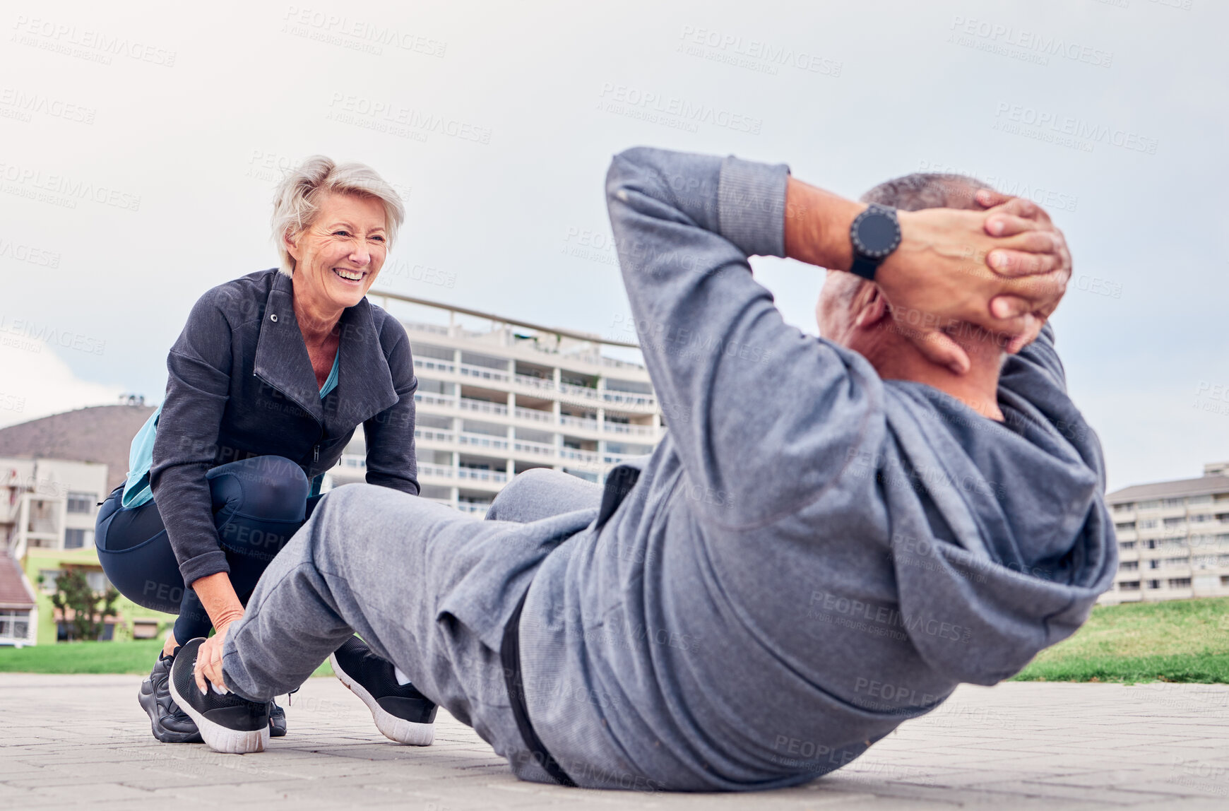 Buy stock photo Exercise, health and sit ups with a senior couple training outdoor together for an active lifestyle of training. Workout, fitness or core with a mature man and woman outside on the promenade