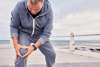 Buy stock photo Knee injury, muscle and man exercise with medical pain, body emergency and sky mockup. Senior male, legs and fitness accident from workout, arthritis and anatomy of first aid, running risk and health