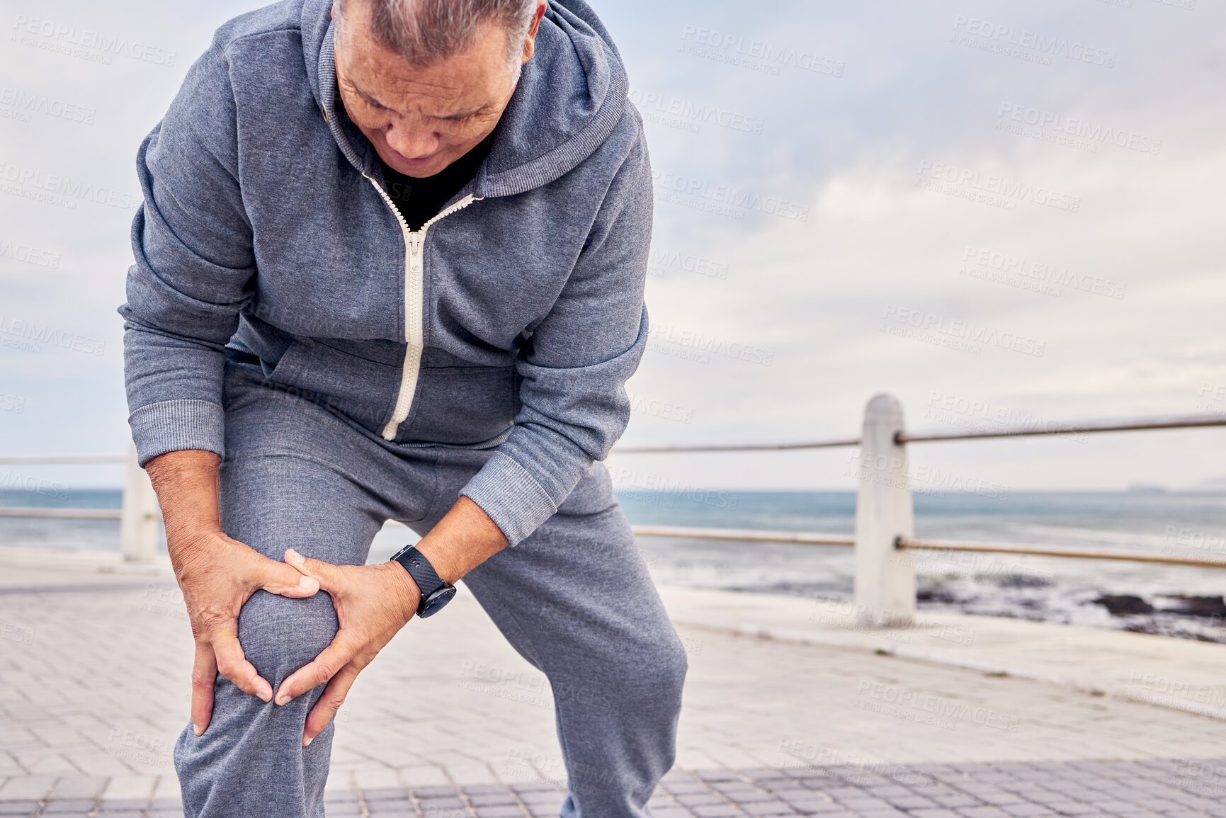 Buy stock photo Knee injury, muscle and man exercise with medical pain, body emergency and sky mockup. Senior male, legs and fitness accident from workout, arthritis and anatomy of first aid, running risk and health