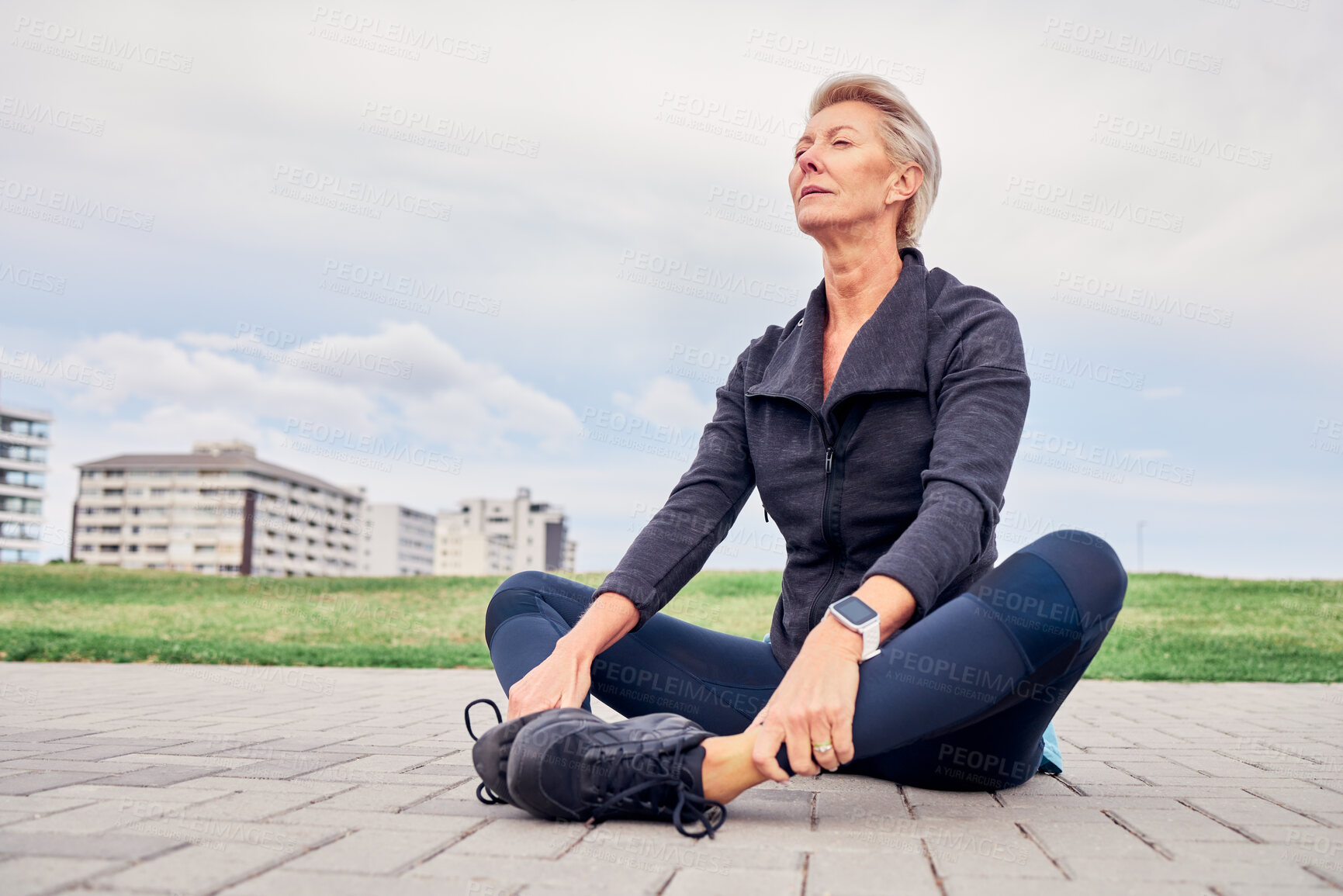 Buy stock photo Woman, breathing and stretching exercise at park, sky mockup and ground for training in Miami. Senior female, breathe and fitness outdoor for workout, sports and meditation for healthy runner mindset