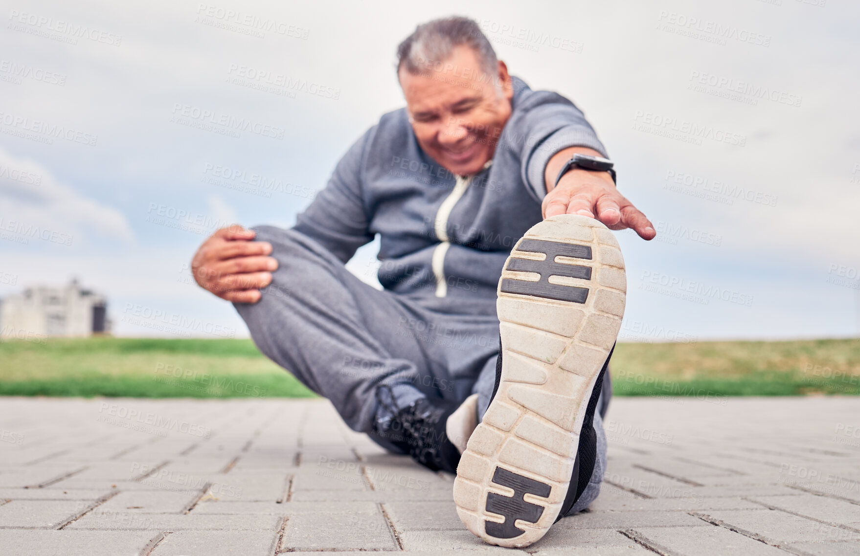 Buy stock photo Man, stretching foot and fitness on park ground for training, performance and wellness. Senior male warm up body outdoor for strong legs, sports workout and start healthy exercise for runner mobility