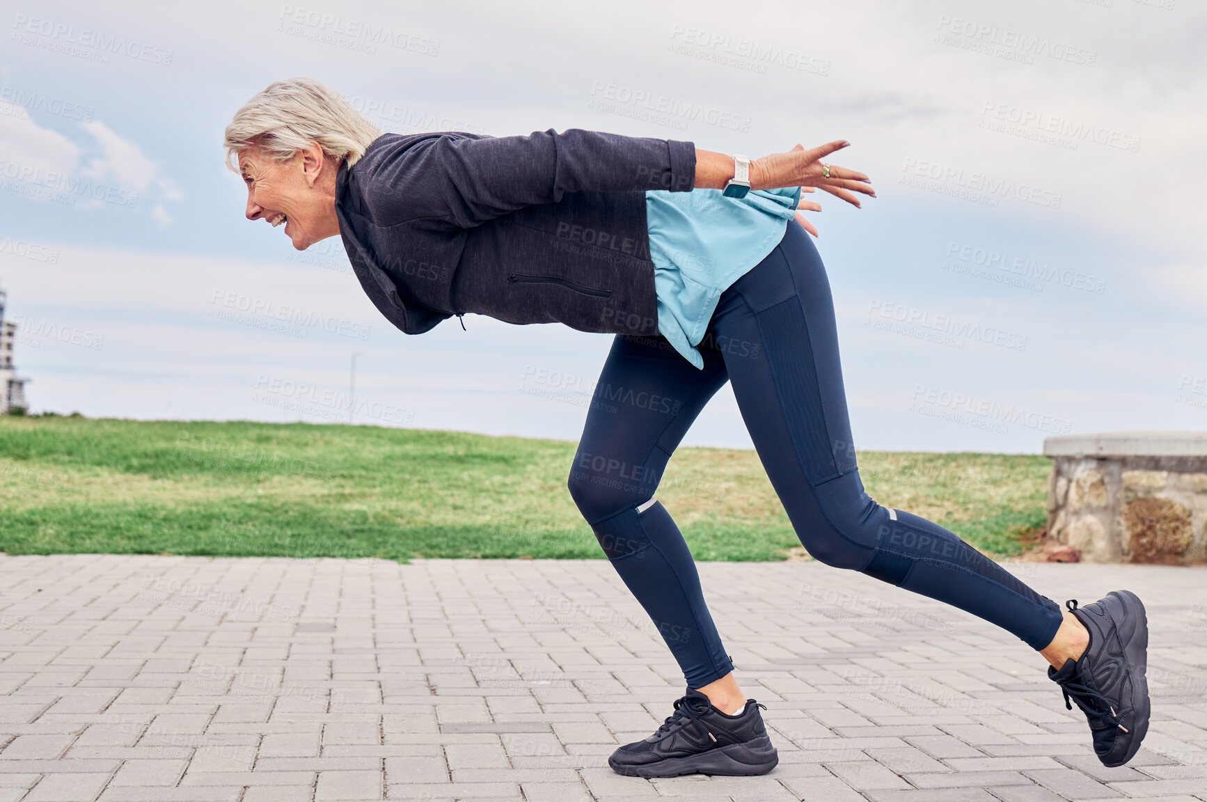 Buy stock photo Workout, senior woman and running at park for energy, wellness or cardio marathon. Happy elderly female, exercise and runner outdoor for sports training, healthy fitness and smile for action movement