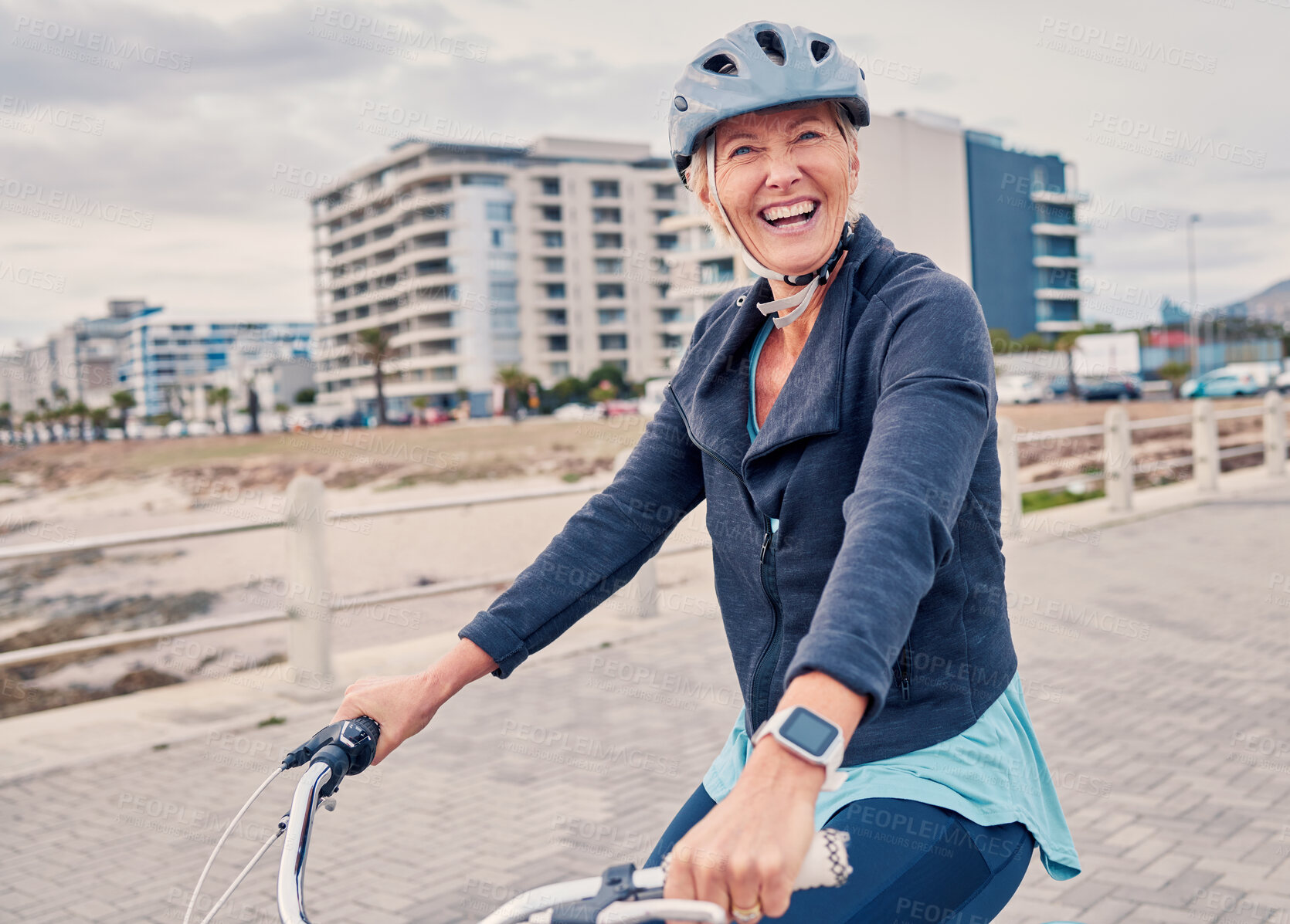 Buy stock photo Fitness, promenade and woman riding a bicycle for exercise, health and wellness by the beach. Sports, smile and portrait of happy senior female cyclist cycling for outdoor cardio workout or training.