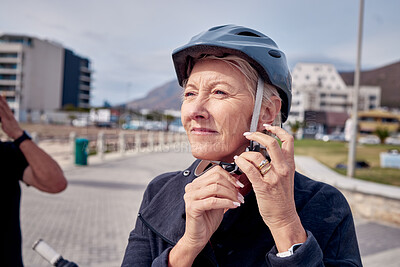 Buy stock photo Thinking, senior and woman ready for cycling, fitness and retirement fun in the city of Germany. Sports, training and an elderly lady thinking to start a bicycle ride for eco friendly exercise