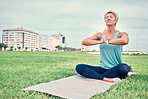 Yoga meditation, senior woman and outdoor fitness for pilates wellness, mental health or exercise on sky mockup. Elderly lady meditate in park to relax for peace, healing mindset or zen namaste hands