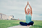 Meditation, senior woman and park exercise for pilates wellness, mental health and yoga fitness on sky mockup. Elderly lady meditate outdoor to relax for peace, healing mindset and zen namaste hands