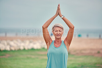 Buy stock photo Meditation, outdoor and senior woman doing a yoga exercise for mind, body and spiritual balance. Wellness, health and calm healthy elderly lady in retirement doing a morning pilates workout in a park