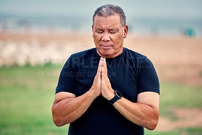 Buy stock photo Yoga meditation, senior man and outdoor fitness for pilates wellness, mental health or chakra energy exercise. Elderly male meditate in nature to relax for peace, healing mindset or zen namaste hands