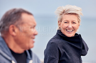 Buy stock photo Fitness, running and happy with old couple at beach for health, relax and sports workout. Nature, peace and smile with senior man and woman in outdoors for jogging, retirement and wellness together