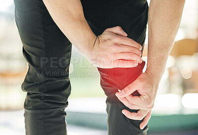 Buy stock photo Hands, knee pain and injury in gym after accident, workout or training exercise for sports. Health, fitness and athlete man with fibromyalgia, inflammation or leg fracture, arthritis or tendinitis.