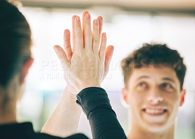 Buy stock photo High five, hands or sports people for teamwork, support or collaboration with smile in gym. Agreement, partnership or greeting men for thank you, motivation for success goal and targets achievement
