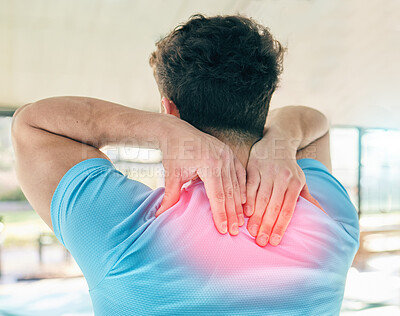 Buy stock photo Fitness, back pain and man with injury in gym after accident, workout or training. Sports, health or male athlete with fibromyalgia, inflammation or painful spine fracture or arthritis after exercise