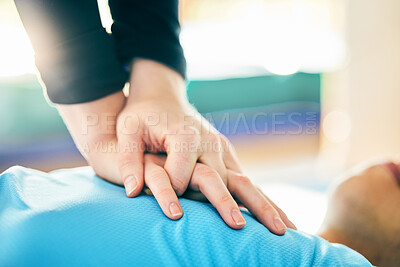 Buy stock photo Cpr, first aid and healthcare with hands on chest of person for paramedic, medical and saving lives. Cardiac arrest, heart and injury with patient and compression for emergency, medicine and wellness