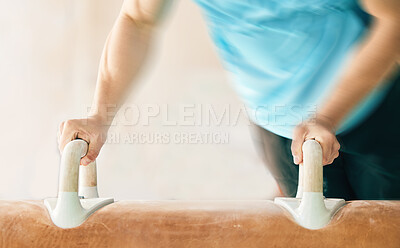 Buy stock photo Hands, horse and gymnastics with a motion blur man in a gym, training for an olympics competition. Fitness, exercise or health with a male gymnast or athlete in a studio for a balance workout closeup