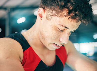 Buy stock photo Fitness, sweat and man in gym, tired and exercise with wellness, healthy lifestyle and training. Sports break, male and athlete sweating, drops and exhausted after practice, workout and breathing