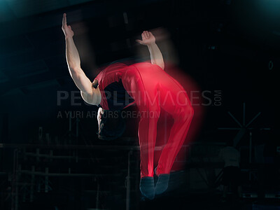 Buy stock photo Sports, gymnastics and jump with man in stadium for fitness, speed and motion blur. Workout, action and challenge with flexible athlete training in gym arena for performance, exercise and health