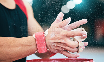 Buy stock photo Hands, fitness and gymnast with powder grip in stadium for sports, workout or exercise. Night gymnastics, training and man or athlete with chalk dust to start performance, competition or exercising.