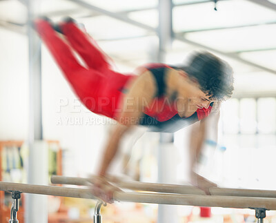 Buy stock photo Horse, gymnastics and motion blur with a man in gym training for an olympics event or competition. Exercise, balance and games with speed athlete or gymnast in a sports studio for competitive sport