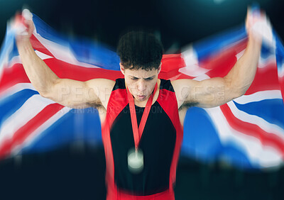 Buy stock photo Winner, gymnastics or man with medal and British flag for fitness, sports victory or wellness success in gym. Celebrating, happy or male with gold award for training, exercise or workout competition