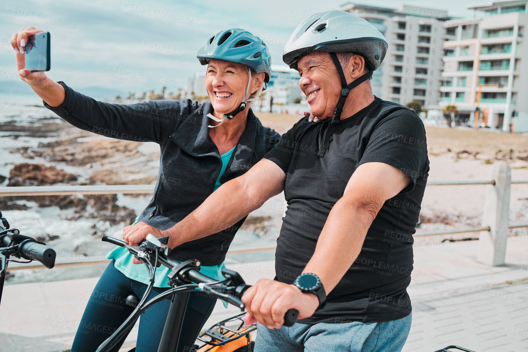 Buy stock photo Cycling, smile and fitness with old couple and selfie for social media, workout and health training. Wellness, internet and blog with senior man and woman on bike for sports, exercise and travel