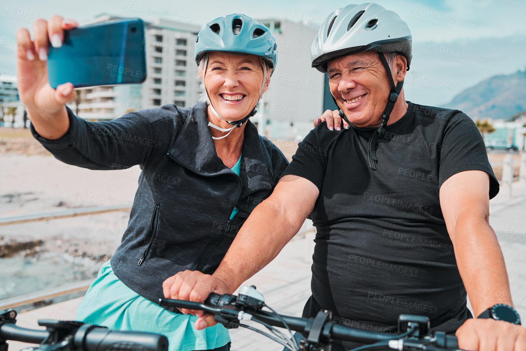 Buy stock photo Cycling, smile and phone with old couple and selfie for social media, workout and health training. Wellness, internet and blog with senior man and woman on bike for summer, exercise and travel