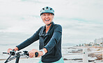 Laughing woman, helmet or electrical bike by sea in transport, clean energy fitness or sustainability travel. Ebike, electricity or eco friendly bicycle for happy, comic or mature person in cycling