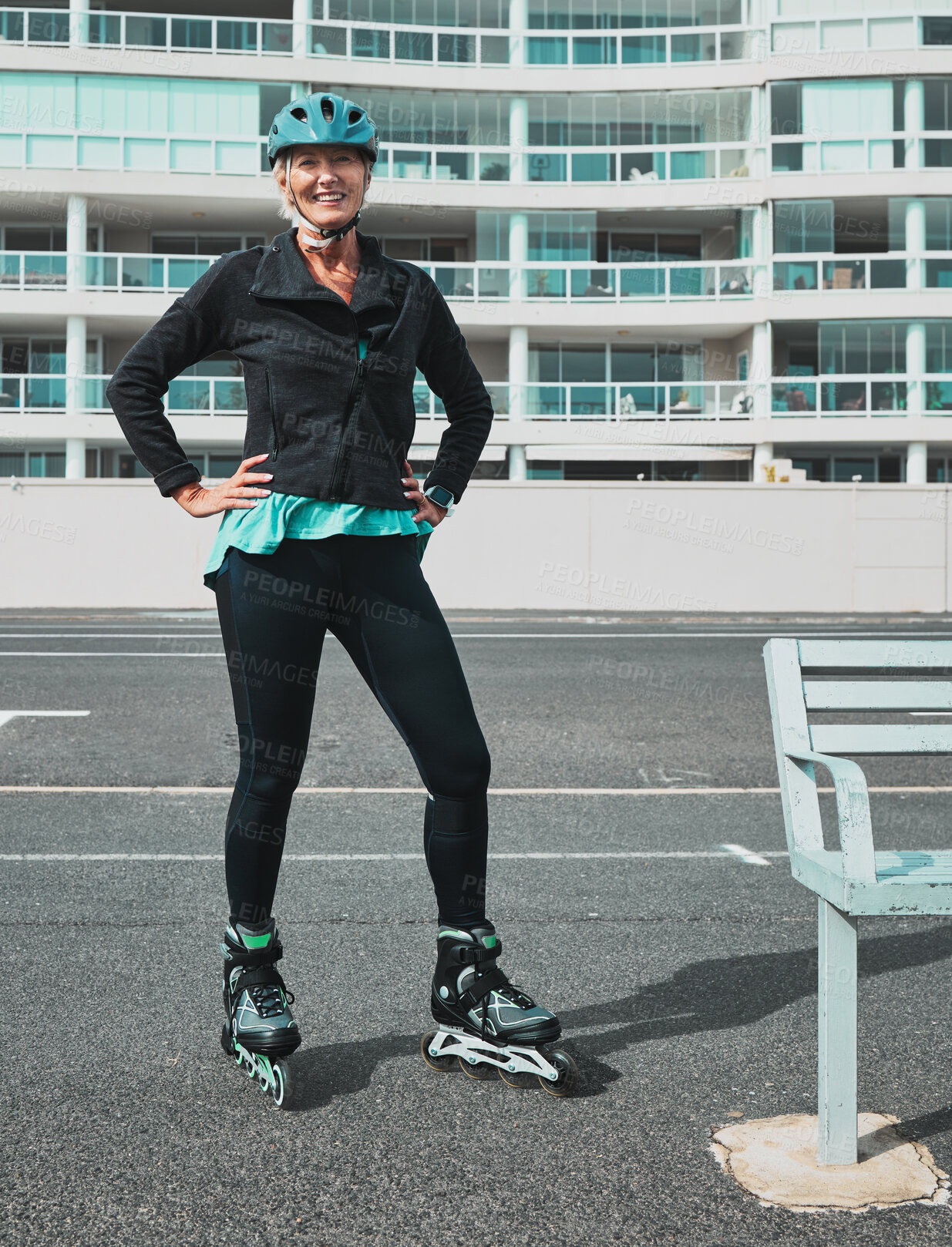 Buy stock photo Roller skate, smile and senior woman in city ready for sports, adventure and fitness hobby outdoors. Retirement, holiday and portrait of elderly female excited for skating, travel activity and relax