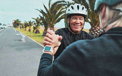 Buy stock photo Roller skate, holding hands and senior couple smile in city for exercise, fitness hobby and skating activity. Retirement, wellness and happy elderly man helping woman for balance, training and sports