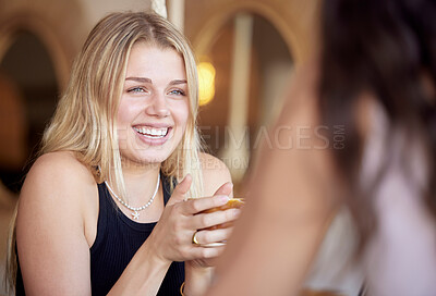 Buy stock photo Woman, smile and talking with friends in cafe, laughing or having fun together in shop. Restaurant, tea and happy girls or women chatting, funny conversation or comic discussion while drinking coffee
