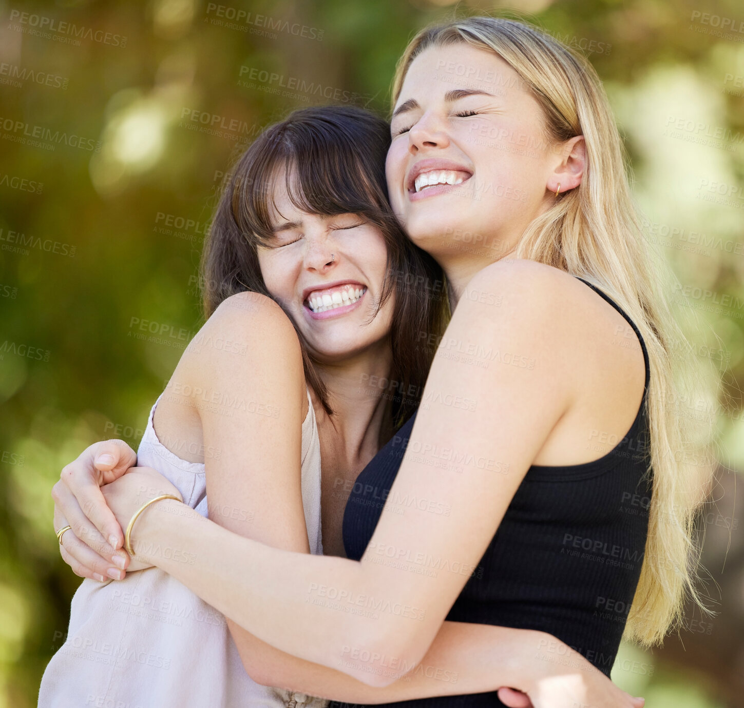 Buy stock photo Love, friends and women hug in nature, bonding and laughing together outdoors. Support smile, care and happy girls embrace, hugging or cuddle for affection, trust and friendship in park on vacation.