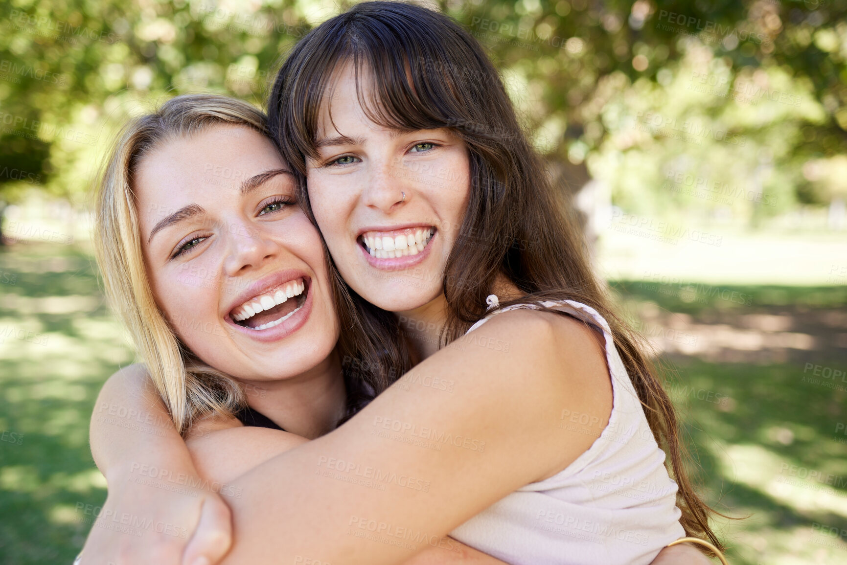 Buy stock photo Nature, women and portrait of friends hugging with love, care and happiness in a garden. Happy, friendship and females embracing with excitement in an outdoor park while on holiday together in Canada