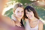 Selfie, smile or woman friends in park for profile picture, social media or travel adventure in New York. Happy, girls or couple for photo or video for vlog blog, online or internet content outdoor