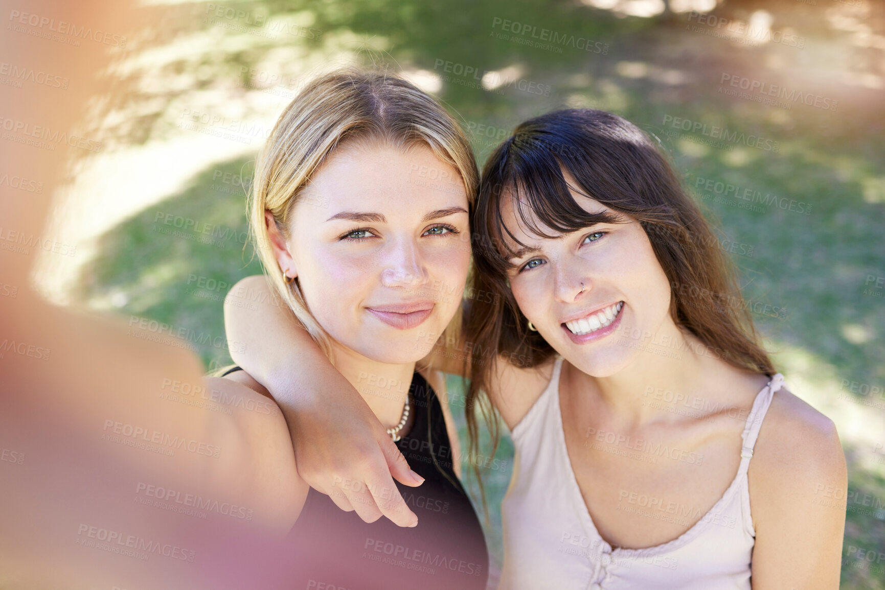 Buy stock photo Selfie, smile or woman friends in park for profile picture, social media or travel adventure in a garden. Happy, girls or couple for photo or video for vlog blog, online or internet content outdoor