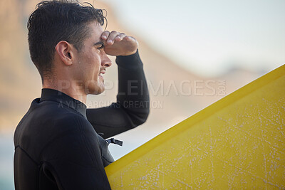 Buy stock photo Surfer man, ocean and looking with smile for waves, excited and hand by eyes for view in morning sunshine. Sea athlete profile, surfboard and focus face for fitness, sports and adventure for workout