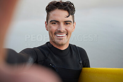 Buy stock photo Surfer, man and beach selfie with smile for waves, wellness and sports training in summer for social media. Ocean athlete, surfboard or profile picture for fitness, sport and adventure for exercise