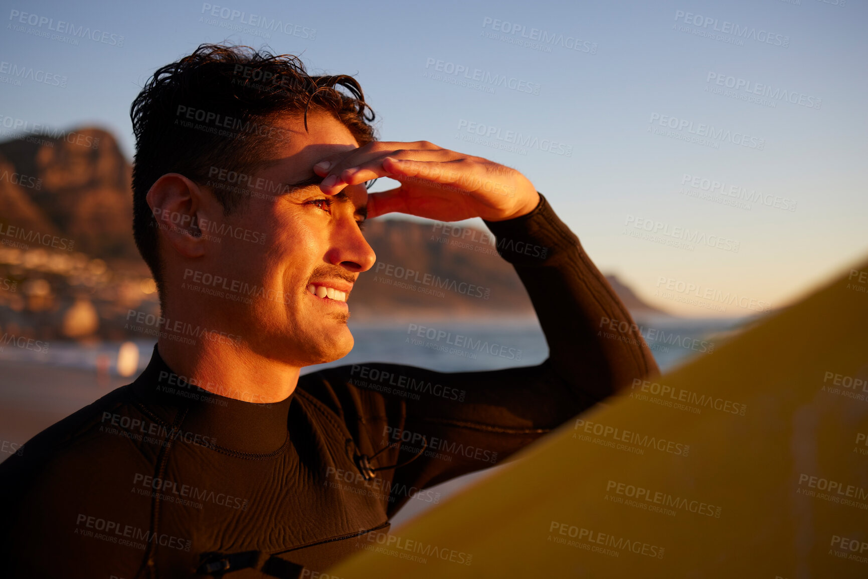 Buy stock photo Sunset, surfer and man with view, fitness and happiness with summer vacation, workout and exercise. Male, athlete and happy guy with sunshine, beach or holiday on tropical island, wellness or freedom