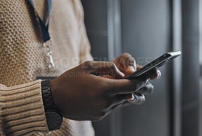 Buy stock photo Phone, search or IT black man hands in data center for research, communication or typing in server room. Mobile, focus or male on smartphone for networking, social media or reading website content