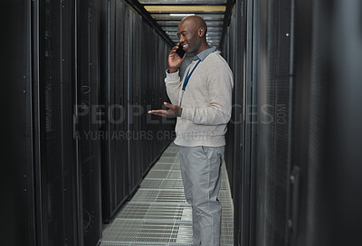 Buy stock photo Server room, phone call and man for system update, technician power or cyber security backup communication. Person, african engineering or programmer in information technology talking on smartphone 