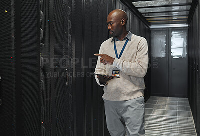 Buy stock photo Tablet, network management and IT black man for software update, working on code in dark server room. Computer, cybersecurity and male programmer with tech for problem solving or troubleshooting