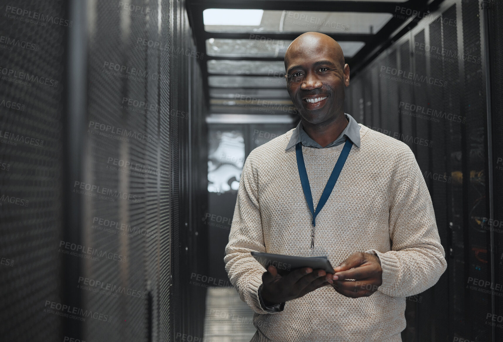 Buy stock photo Data center, tablet or black man portrait or technician for system cybersecurity code in server room. Happy, face or male programmer or programming in information technology or digital transformation