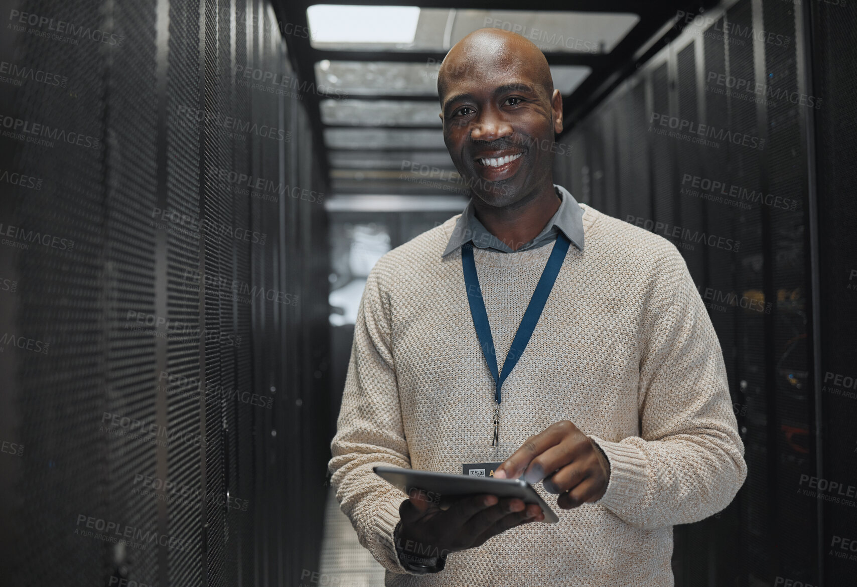 Buy stock photo Server room, tablet or black man portrait or technician for data center, system and cybersecurity code. Happy male programmer or programming person in information technology or digital transformation