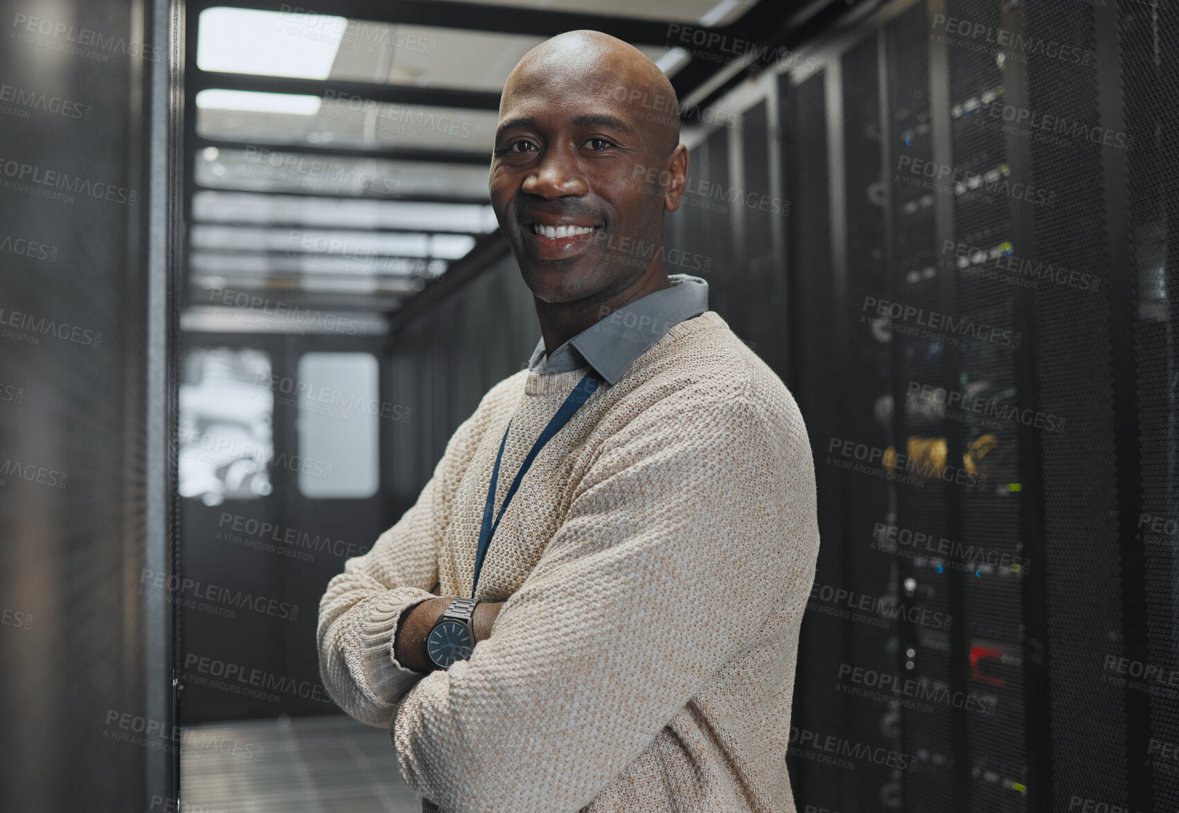 Buy stock photo Black man, IT technician in server room and portrait with smile, company mainframe and software update. Network, datacenter and cybersecurity. African male and engineering with digital infrastructure