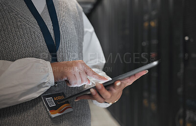Buy stock photo Woman, hands and tablet in server room for networking, inspection or checking systems at office. Hand of female technician or engineer with touchscreen in service maintenance, data or administration
