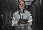 Asian woman, portrait smile and tablet of technician in server room for networking, maintenance or systems at office. Happy female engineer smiling for cable service, power or data administration