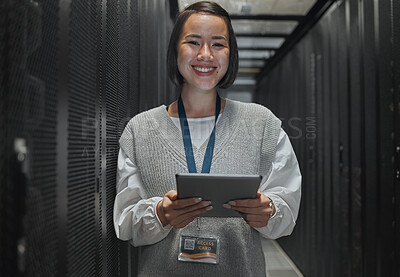 Buy stock photo Asian woman, portrait smile and tablet of technician in server room for networking, maintenance or systems at office. Happy female engineer smiling for power, management or data administration